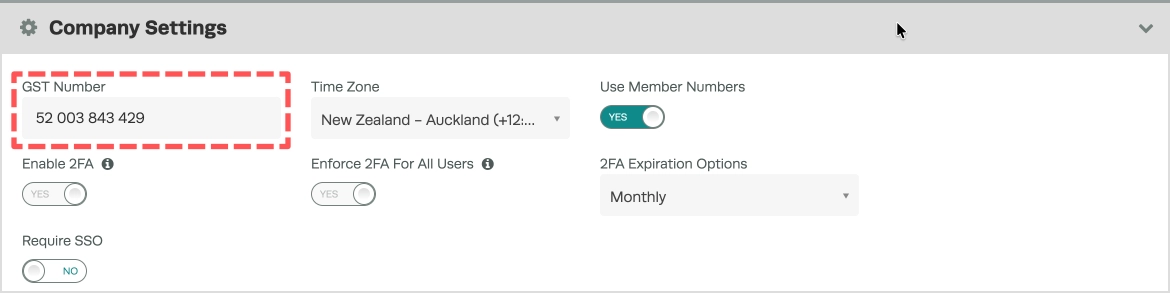A cropped Screenshot of Workshop Software's Company Settings page. The GST Number Field is highlighted.