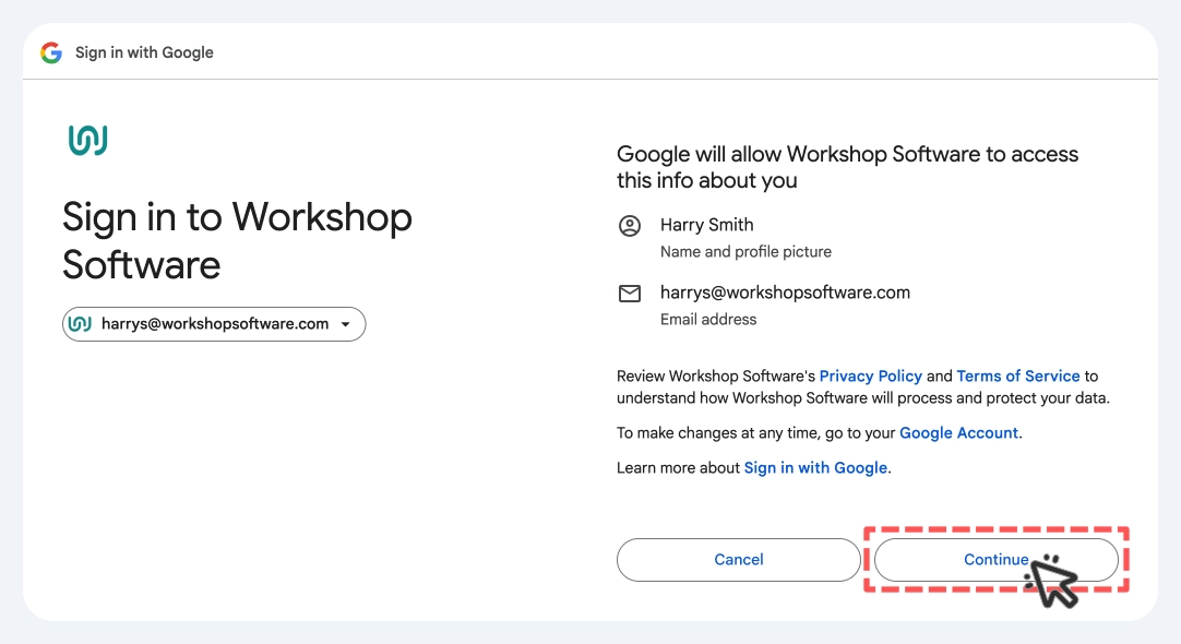 A screenshot of the confirmation card for Sign in with Google, the continue button is highlighted.