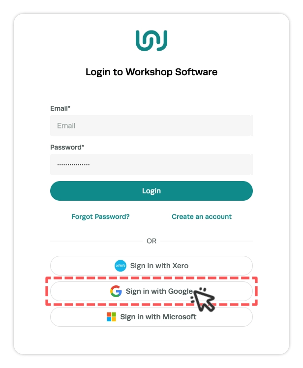 A screenshot of Workshop Software's Log In page, the Sign in with Google Account button is highlighted