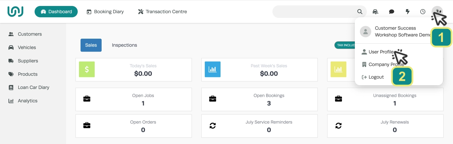 A screenshot of Workshop Software's Dashboard with the User drop down menu open. Numbered Cursors indicate to click the User Icon then User Profile.