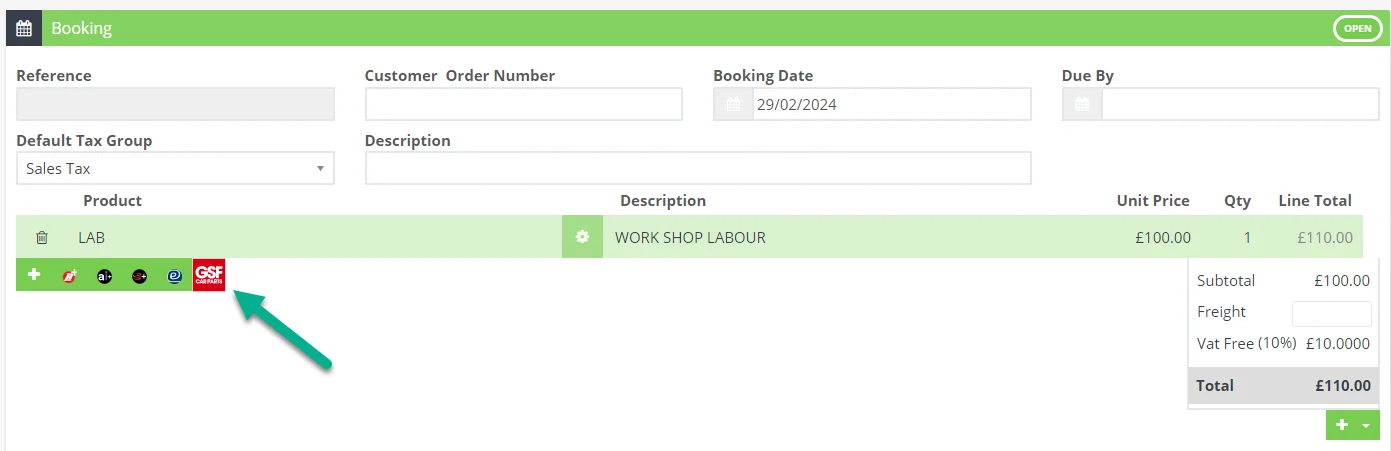 A screenshot of a Booking in Workshop Software. An arrow points at the GST integration icon.
