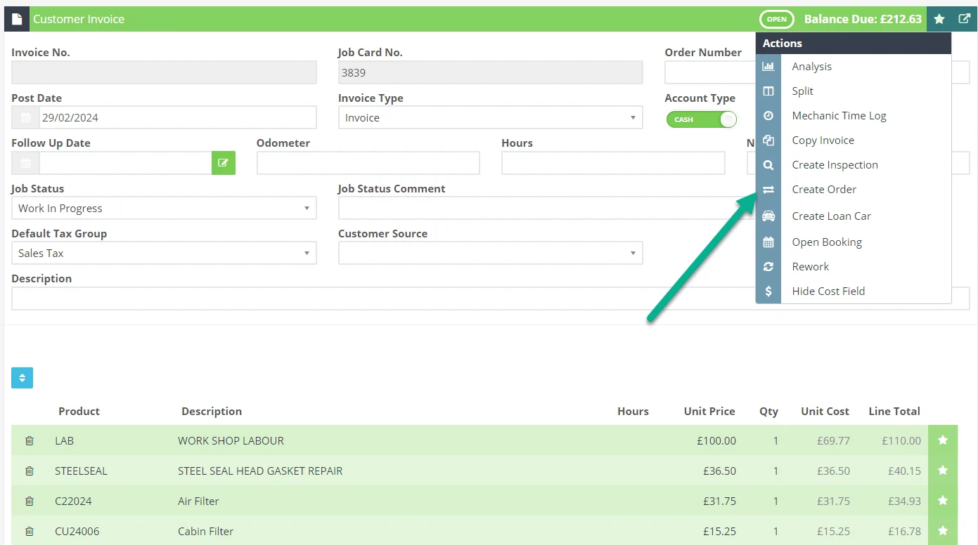 A screenshot of a Workshop Software Customer Invoice. An arrow points at the "Create Order" option the the Star Icon drop down menu.