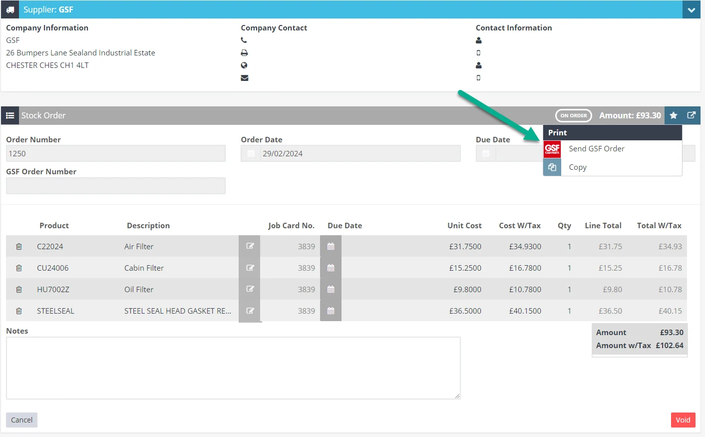 A screenshot of a Stock Order in Workshop Software. An arrow points at the Star icon drop down menu's "Send GSF Order" option