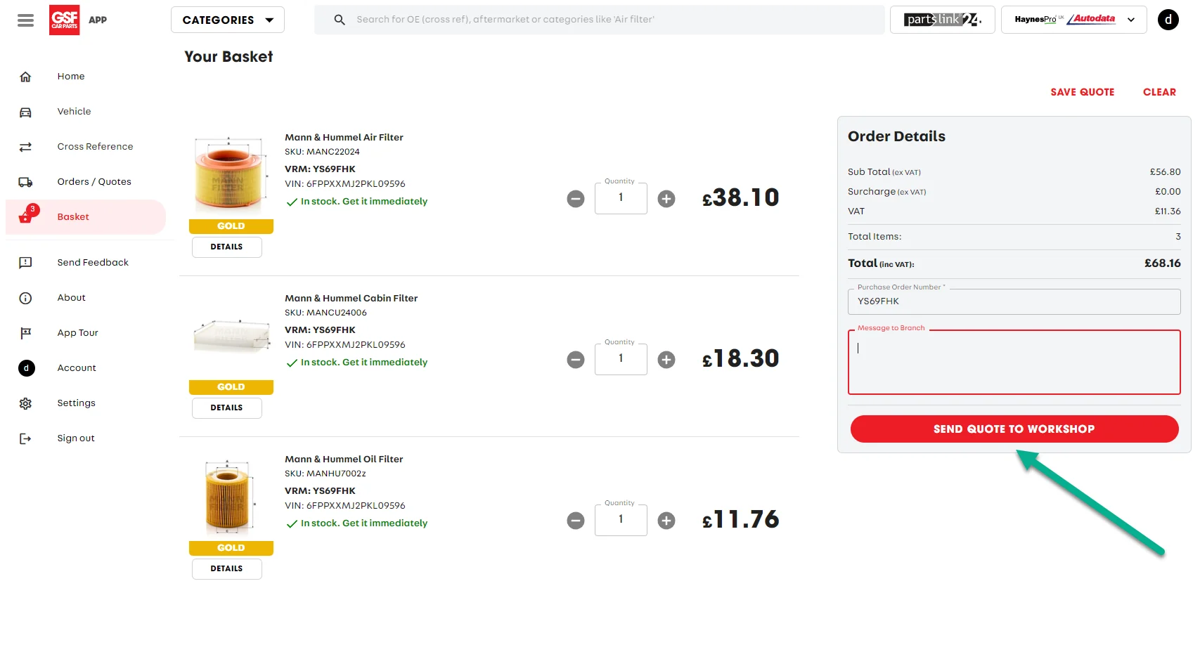 A Screenshot of GSF's Shopping Basket. An arrow indicates the "Send Quote to Workshop" Button.