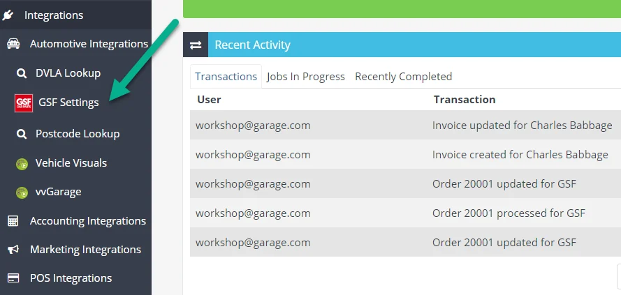 A screenshot of Workshop Software's Dashboard. An arrow highlights the GSF Settings option nested in Integrations > Automotive Integrations.