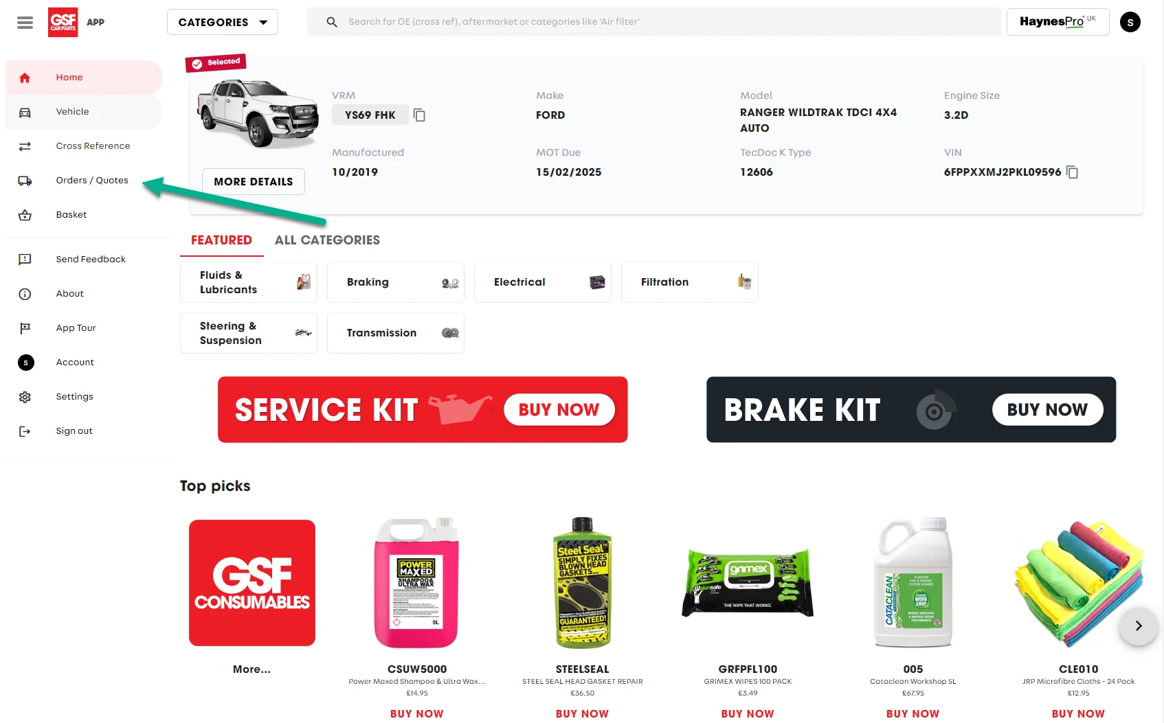 A screenshot of GSF's website, an arrow points to the Orders/Quotes link on the left.