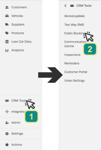 A screenshot of Workshop Software's left hand sidebar menu, cursors indicate to click CRM Tools then Public Booking.