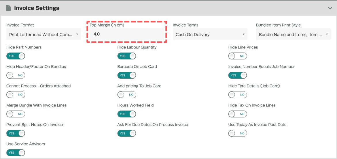 A screenshot of the settings for the Letterhead Invoice Formats.
