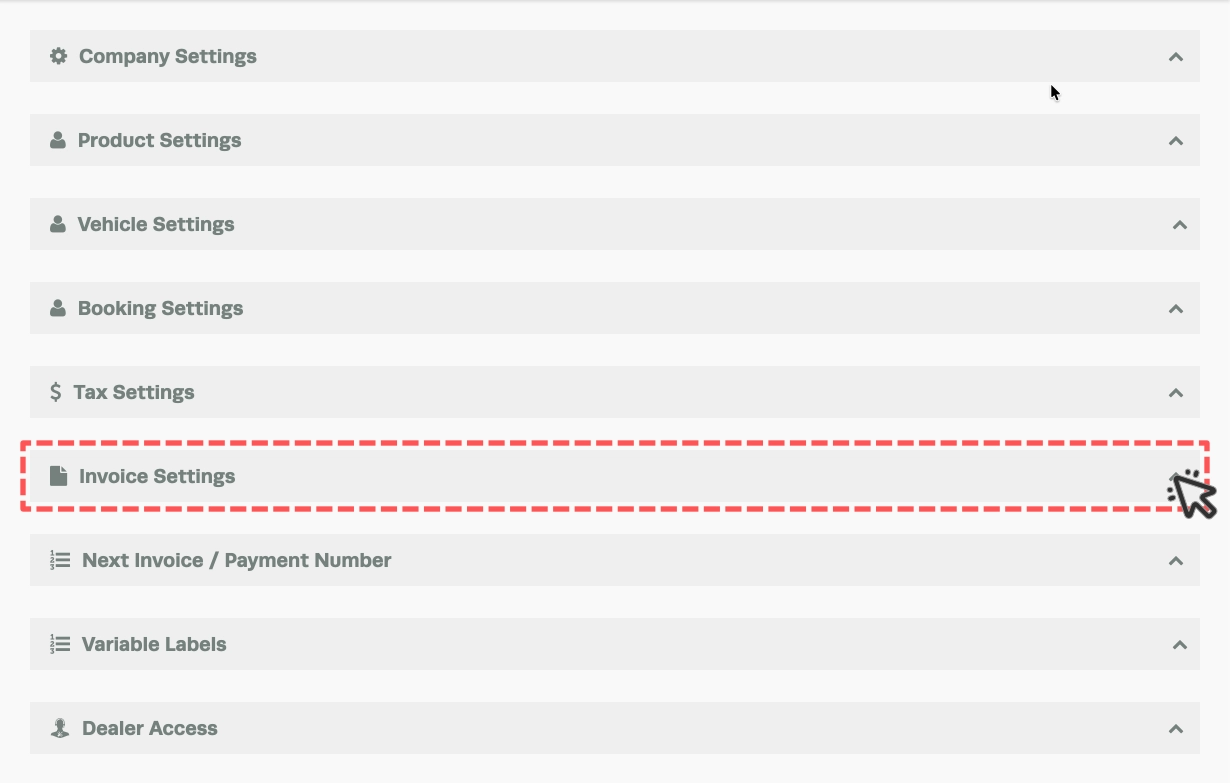 A screenshot of the Company Settings page. The Invoice Settings header is highlighted and a cursor indicates a click on the arrow.