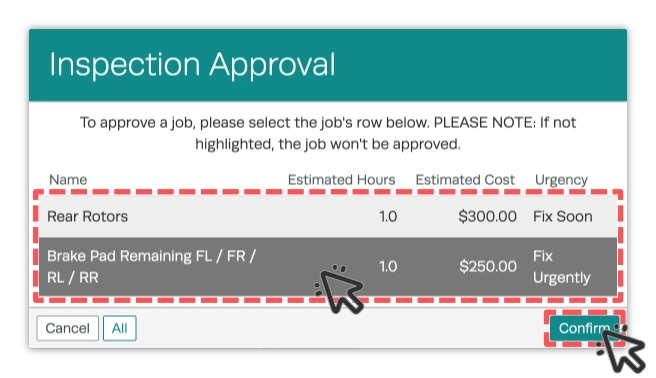 A screenshot of the Inspection Approval pop up, the suggest tasks are highlighted and the confirm button as well.