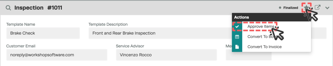 A screenshot of an Inspection, the star Actions menu is open and the Approve Items options is highlighted.