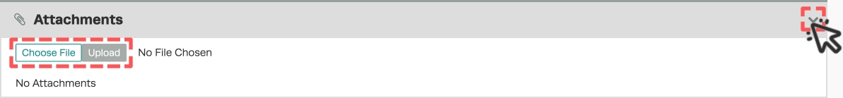 A screenshot of the Attachments card in an Inspection, the arrow that opens the card is highlighted as are the Choose File and Upload buttons.