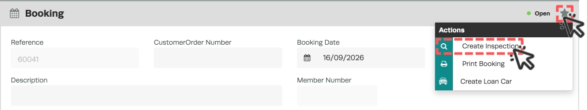 A screenshot of a Booking card, the start Actions menu is open and the Create Inspection options is highlighted.