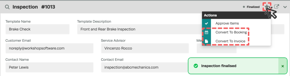 A screenshot of a Finalised Inspection, the star icon actions menu is open and Convert to Booking and Convert to Invoice are highlighted.