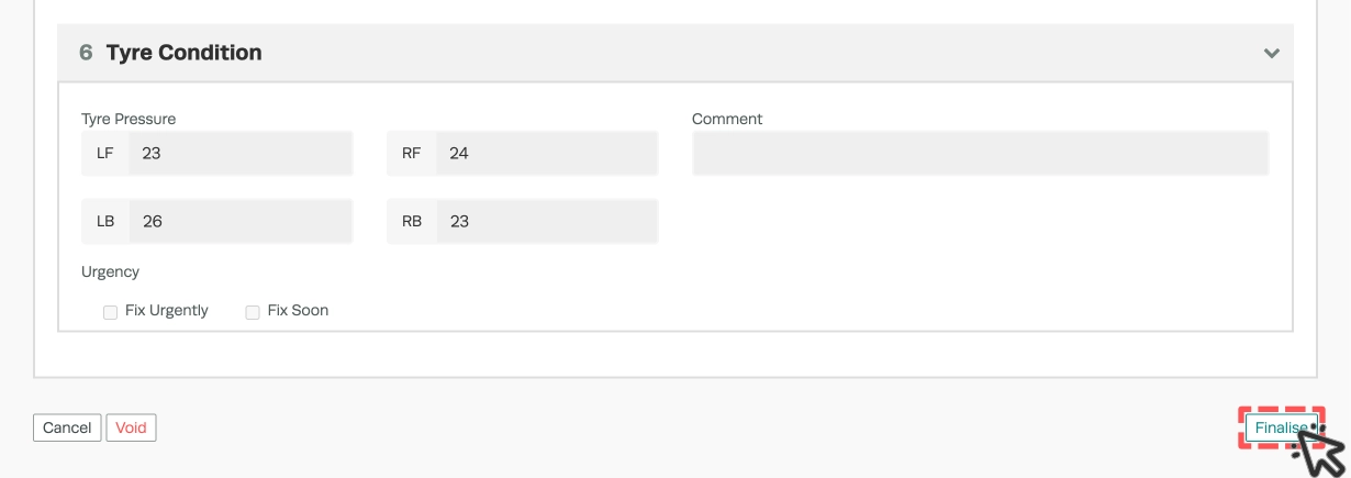 A screenshot of the lower half of an Approved Inspection, the Finalise button is highlighted.