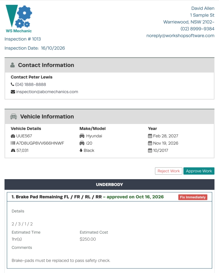A screenshot of the customer facing page for an Inspection.