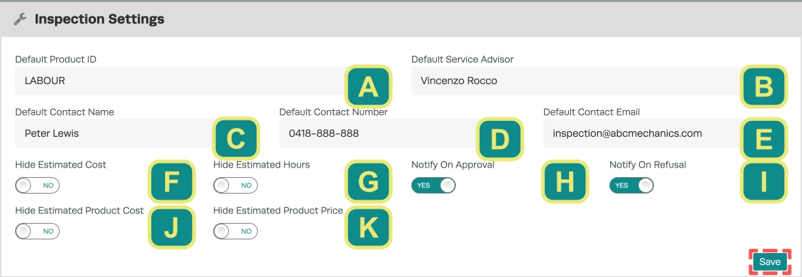 A screenshot of the Inspection Settings card. Each option is assigned a letter and the Save button is highlighted.