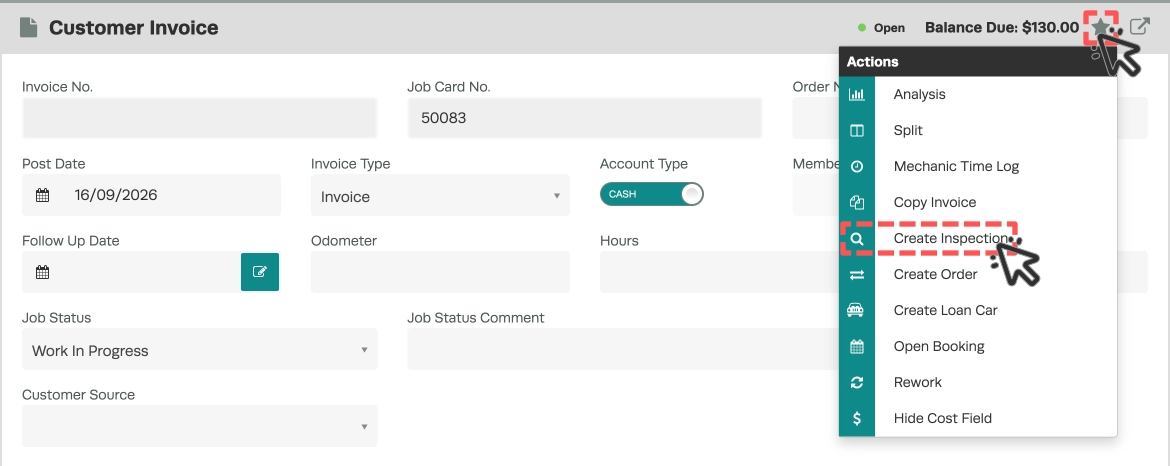 A screenshot of a Customer Invoice card in a Job, the star icon actions menu is open and the Create Inspection option is highlighted.