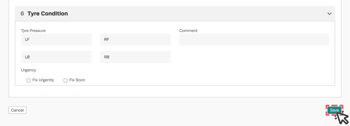 A screenshot of the lower half of a Draft inspection, the Save button is highlighted.