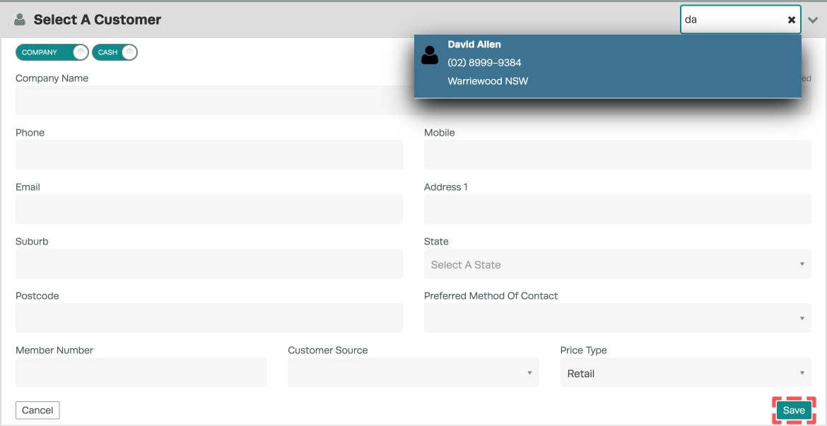 A screenshot of the Select a Customer card showing the search bar locating a customer and fields to create a new customer, the Save button is highlighted.