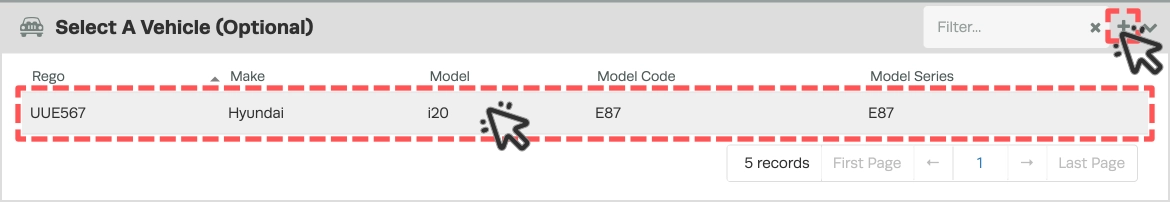 A screenshot of the Select a Vehicle card, an entry in the Vehicle list is highlighted as is the + icon.