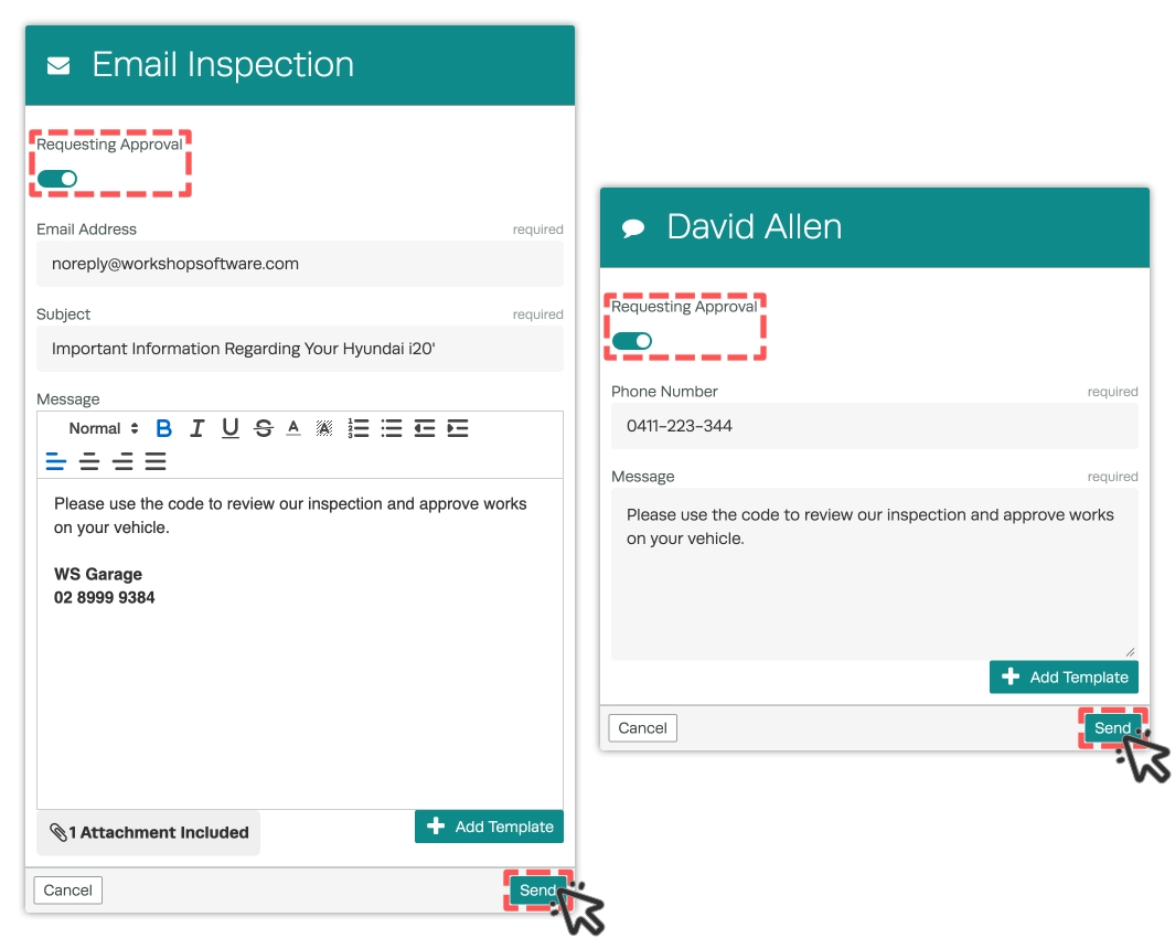 Two screenshots of the Email and SMS pop ups to send an Inspection. The Requesting Approval toggles are enabled and highlighted, the Send button is also highlighted.
