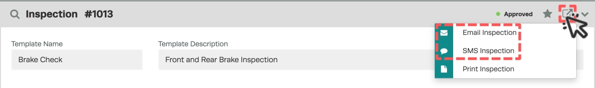 A screenshot of an Inspection, the export menu is open and the Email Inspection and SMS Inspection options are also highlighted.