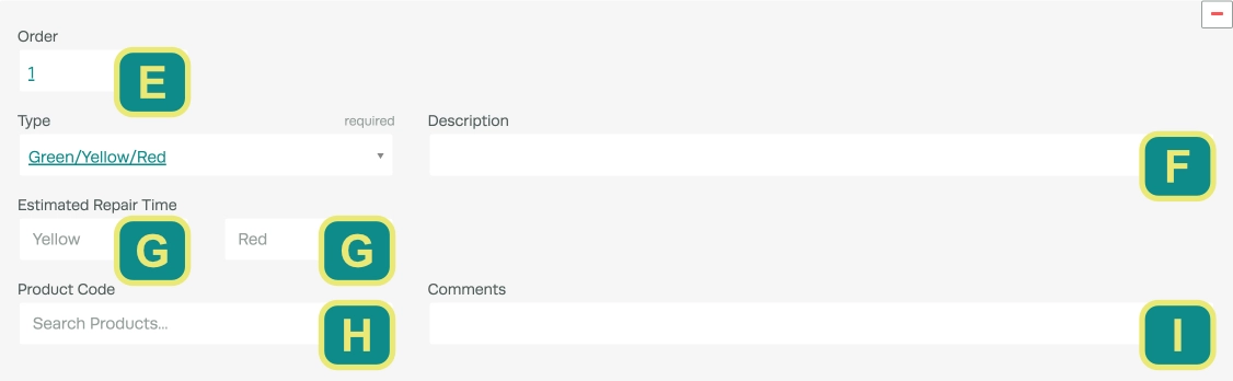 A screenshot of an Inspection Checklist Item, each field is assigned a letter.