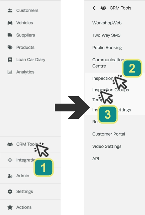 Screenshots of the left hand sidebar menu. Cursors indicate to click CRM Tools, Inspections and then the Inspection Groups option.