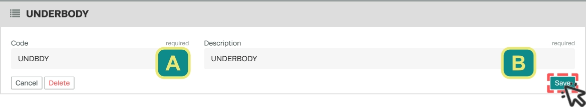 A screenshot of an Inspection Group page, the fields are assigned a letter and the Save button is higlighted.