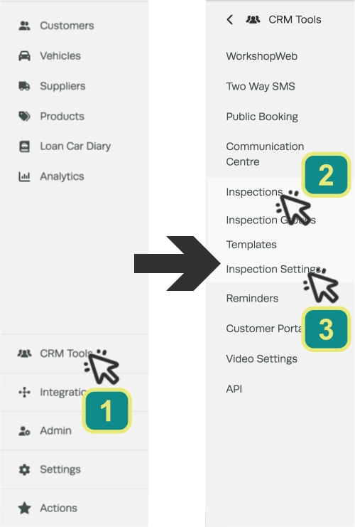 Screenshots of the left hand sidebar menu. Numbered cursors indicate to click CRM Tools, Inspections, then Inspection Settings