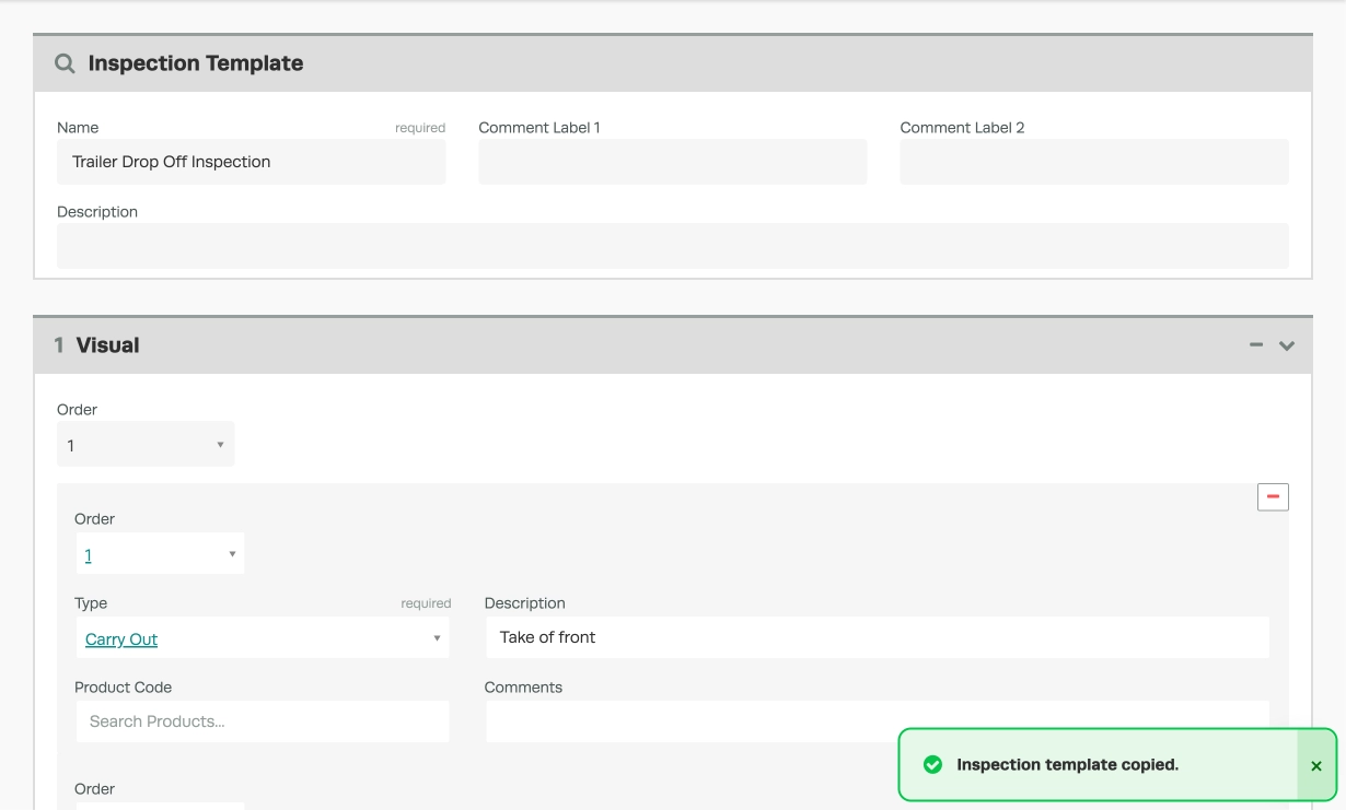 A screenshot of the Inspection Template page in Workshop Software. A green banner in the bottom right indicates that the Inspection Template was copied.