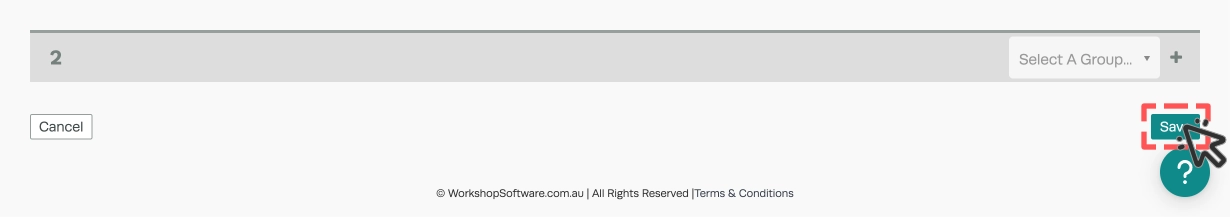 A screenshot of Workshop Software's Inspection Template page, scrolled down to reveal the Save button on the bottom right. The save button is highlighted with a red box.