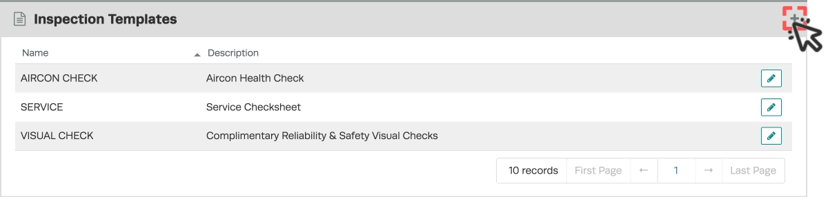 A screenshot of the Inspection Template list card, the + icon is highlighted.