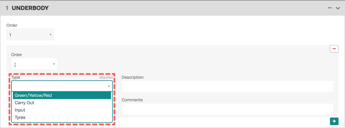 A screenshot of a Group Card in an Inspection Template. The Type drop down of a Checklist item is open and highlighted.
