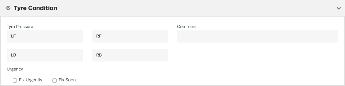 A screenshot of an Tyres Checklist Item as it appears in an Inspection.