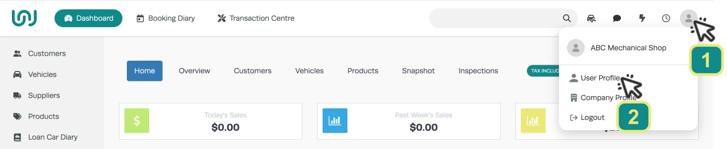 A screenshot of Workshop Software's Dashboard. Numbered cursors indicate to click the User icon then User Profile.