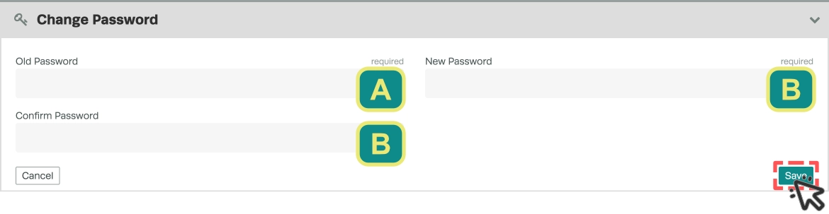 A screenshot of the Change Password card in the User Profile. Letters indicate each field and a cursor indicates to click the Save button