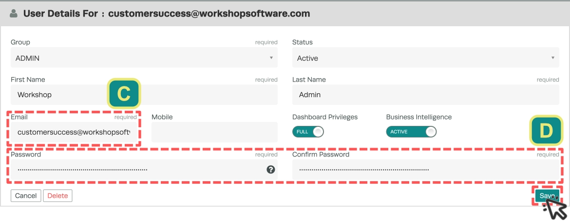 A screenshot of a User card in workshop software. The Email and Password fields are highlighted and a cursor indicates to click the Save button