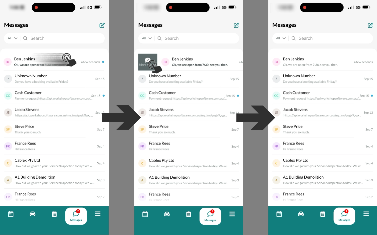 A series of Screenshots in the Messages Tab. Cursors indicate how to mark a conversation as read or unread.