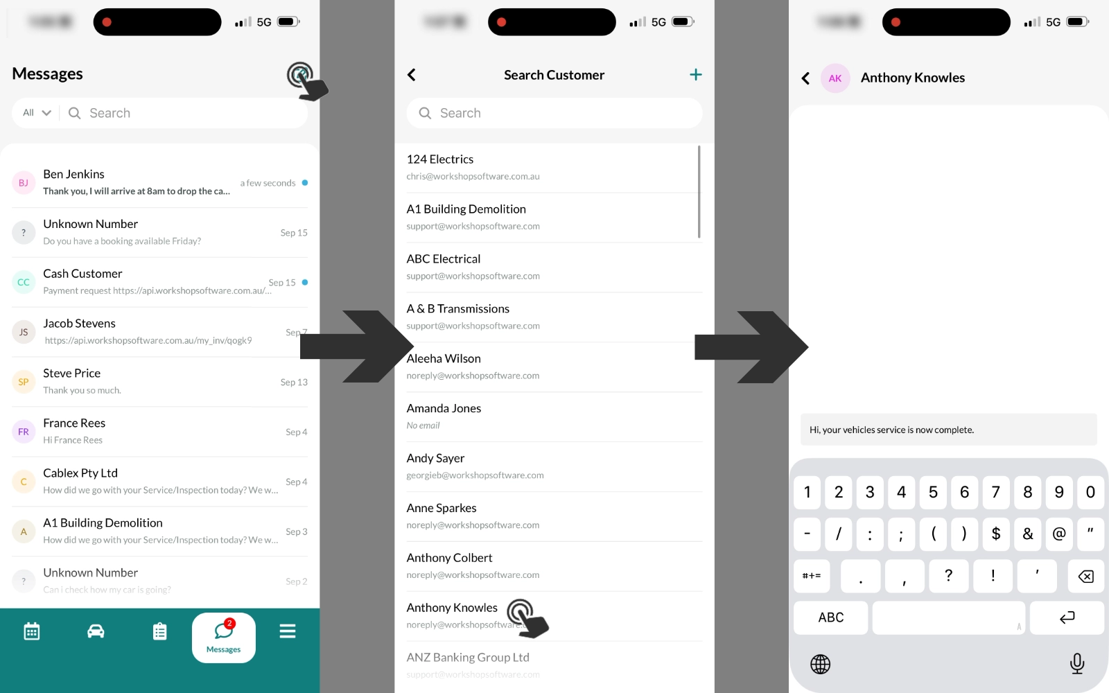 A series of screenshots in the Messages Tab. Cursors indicate how to create a new conversation.