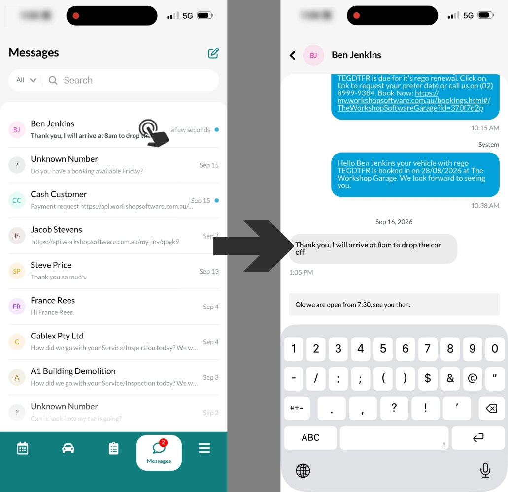 A series of screenshots of the Mobile App demonstrating tapping a conversation, viewing the sent and received messages and then typing a response to send.