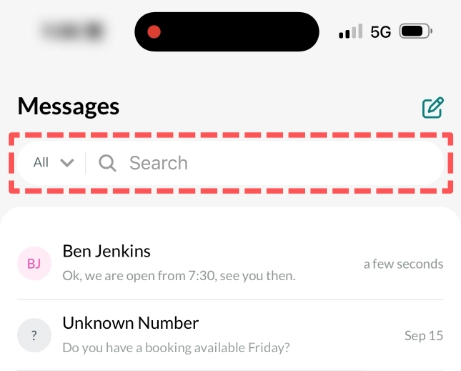 A cropped screenshot of the Messages tab, the Search bar is highlighted.