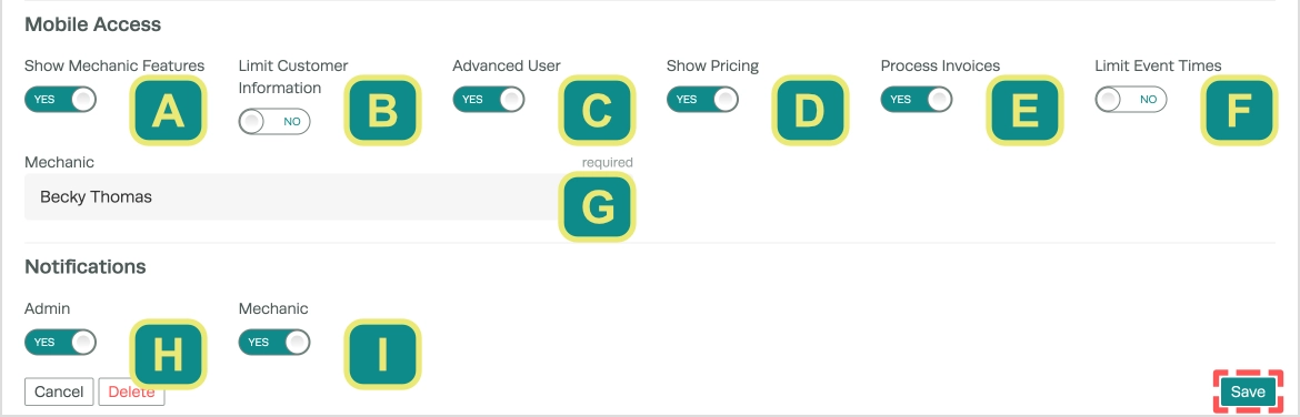 A cropped screenshot of a Web App user's settings. Each options is assigned a letter.