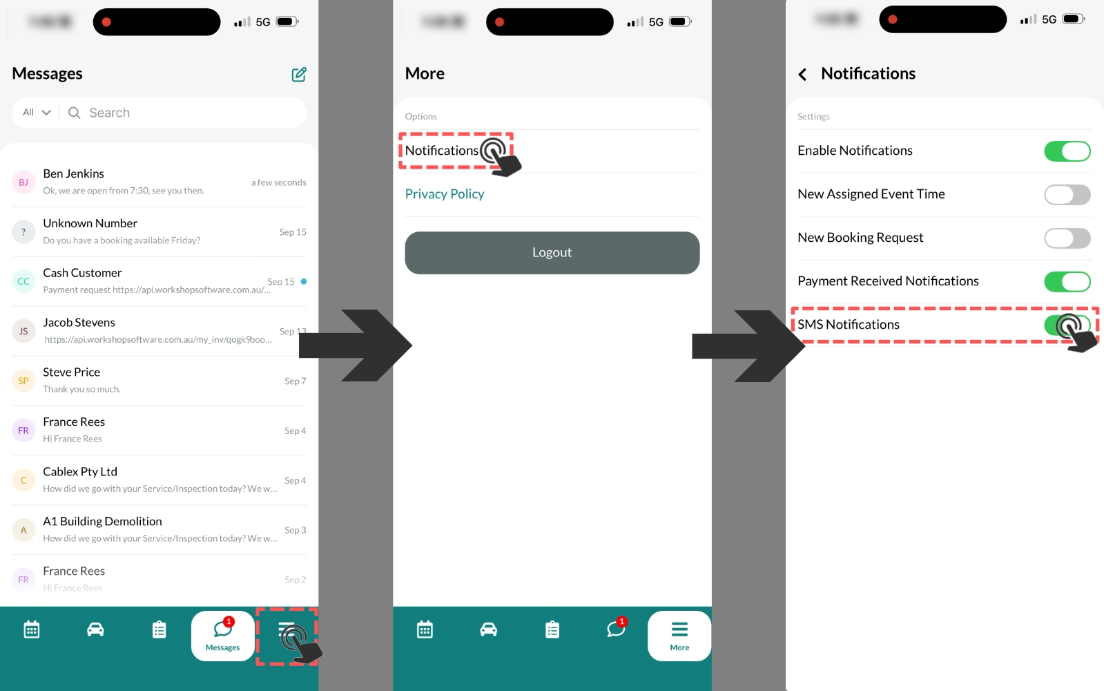 A series of screenshot of the Mobile App. Cursors indicate to tap into the More tab, select Notifications and then toggle the SMS Notifications setting.