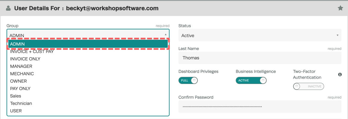 A cropped screenshot of the User Details page for a PC User account, the ADMIN user group is highlighted.