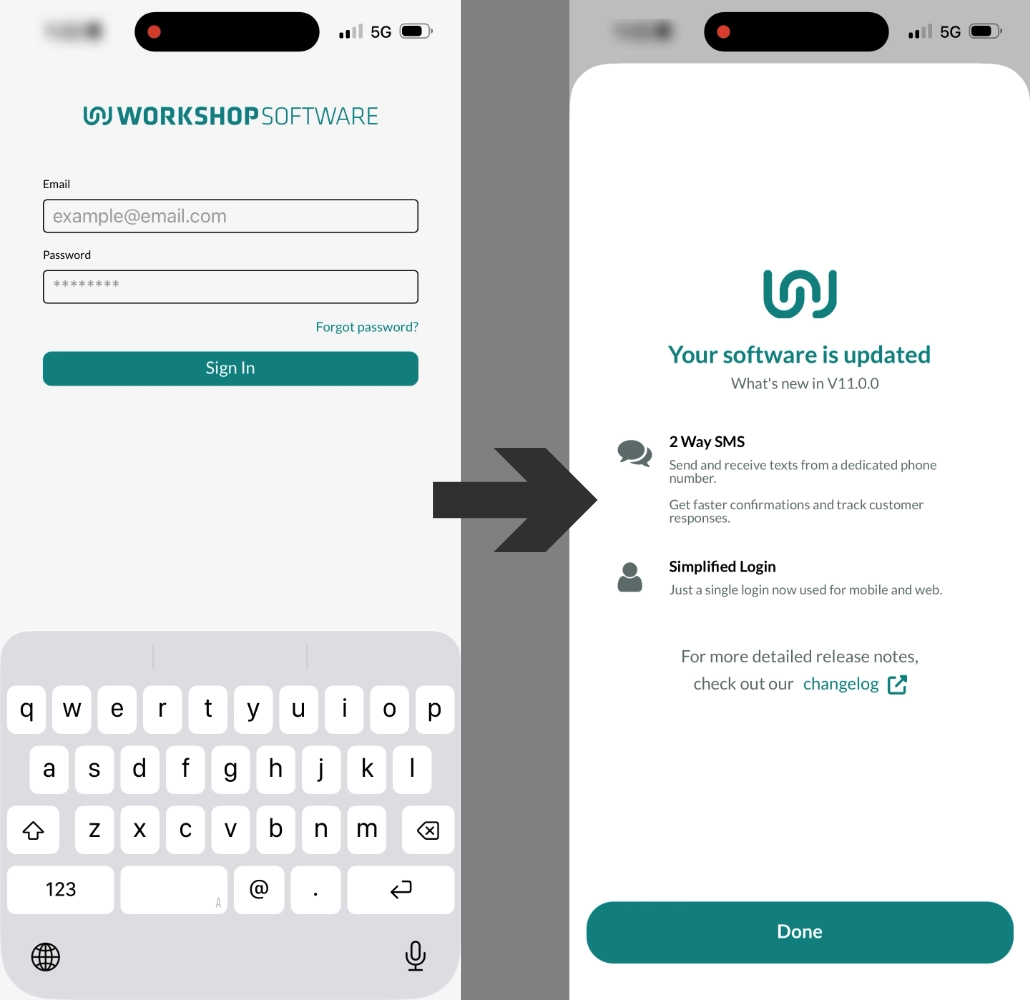 A series of screenshots showing the Mobile App user login page and the What's New pop up.
