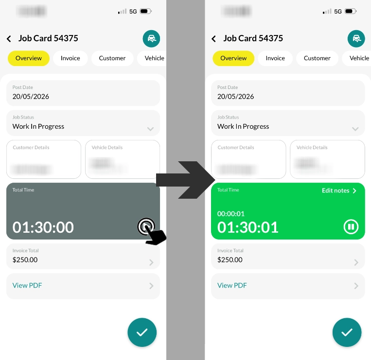An image showing two screenshots of a Job Card's overview in Workshop Software's mobile app. A finger cursor indicates clicking the "Play" button in the time box on the left hand screenshot. An arrow shows that this results in the box turning green and the Mechanic's time count begins to increase, the Mechanic has clocked on.
