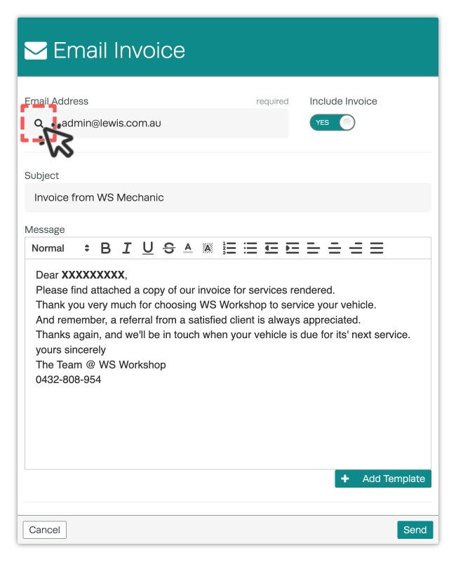 A screenshot of the Email Invoice pop up, the magnifying glass icon used to add multiple emails is highlighted