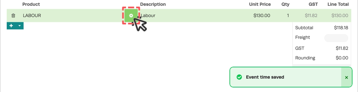 A screenshot of the Product list in a Booking. The Cog icon which Opens Event Times is highlighted and a pop up message says "Event time saved".